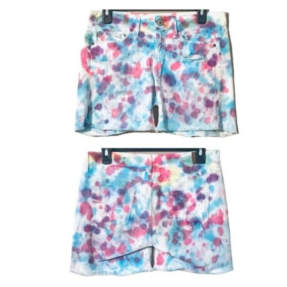 American Eagle Women's Tie Dye Denim Shorts Size 0 Boho Festival Colorful Beachy